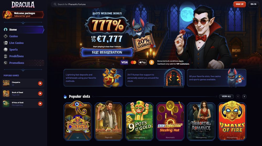 Capture d'écran du site Dracula Casino